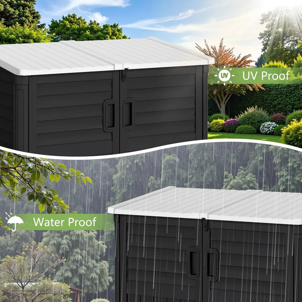Outdoor Resin Shed, 34 Cubic Feet Horizontal Storage, Waterproof Box for Garden, Pool, and Waste Bin Storage