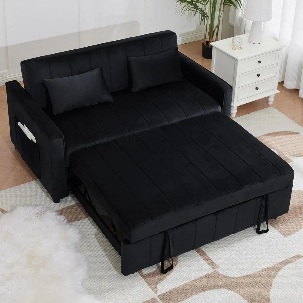 Small Loveseat Sleeper Sofa Bed Velvet Pull Out Couch Bed with Adjustable Backrest and Side Pockets for Living Room, Bedroom