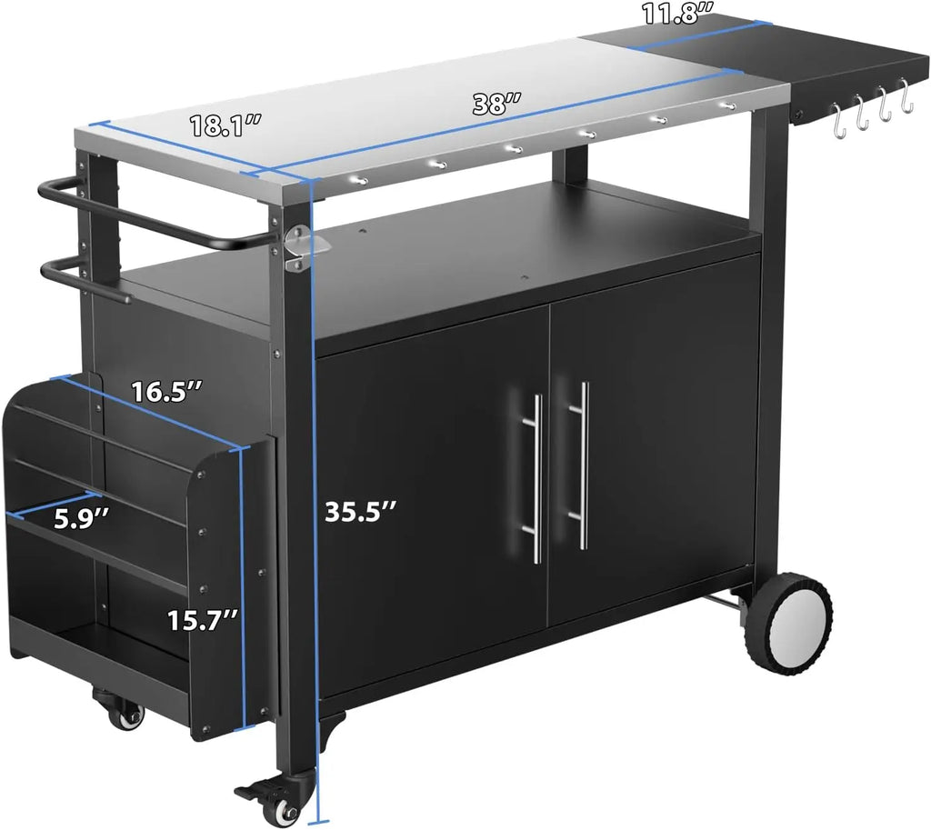 Outdoor Grill Cart with Storage ,Patio Kitchen Island with Wheels, Hooks, and Spice Rack, Waterproof Outdoor Grill Table
