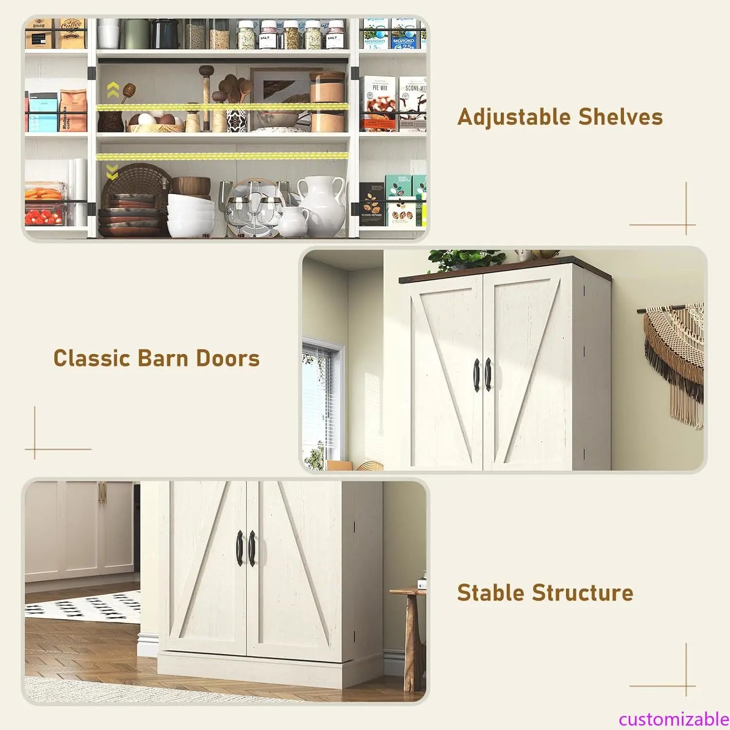 Farmhouse Kitchen Pantry Cabinet, 71" Tall Storage Cabinet with Adjustable Shelves & 4 Barn Doors & Drawer, Rustic Wood