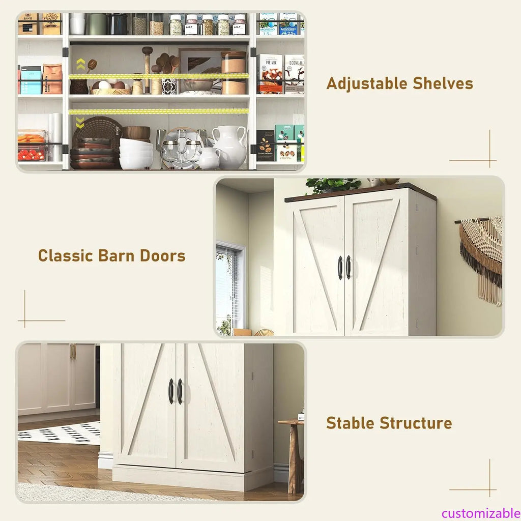 Farmhouse Kitchen Pantry Cabinet, 71" Tall Storage Cabinet with Adjustable Shelves & 4 Barn Doors & Drawer, Rustic Wood