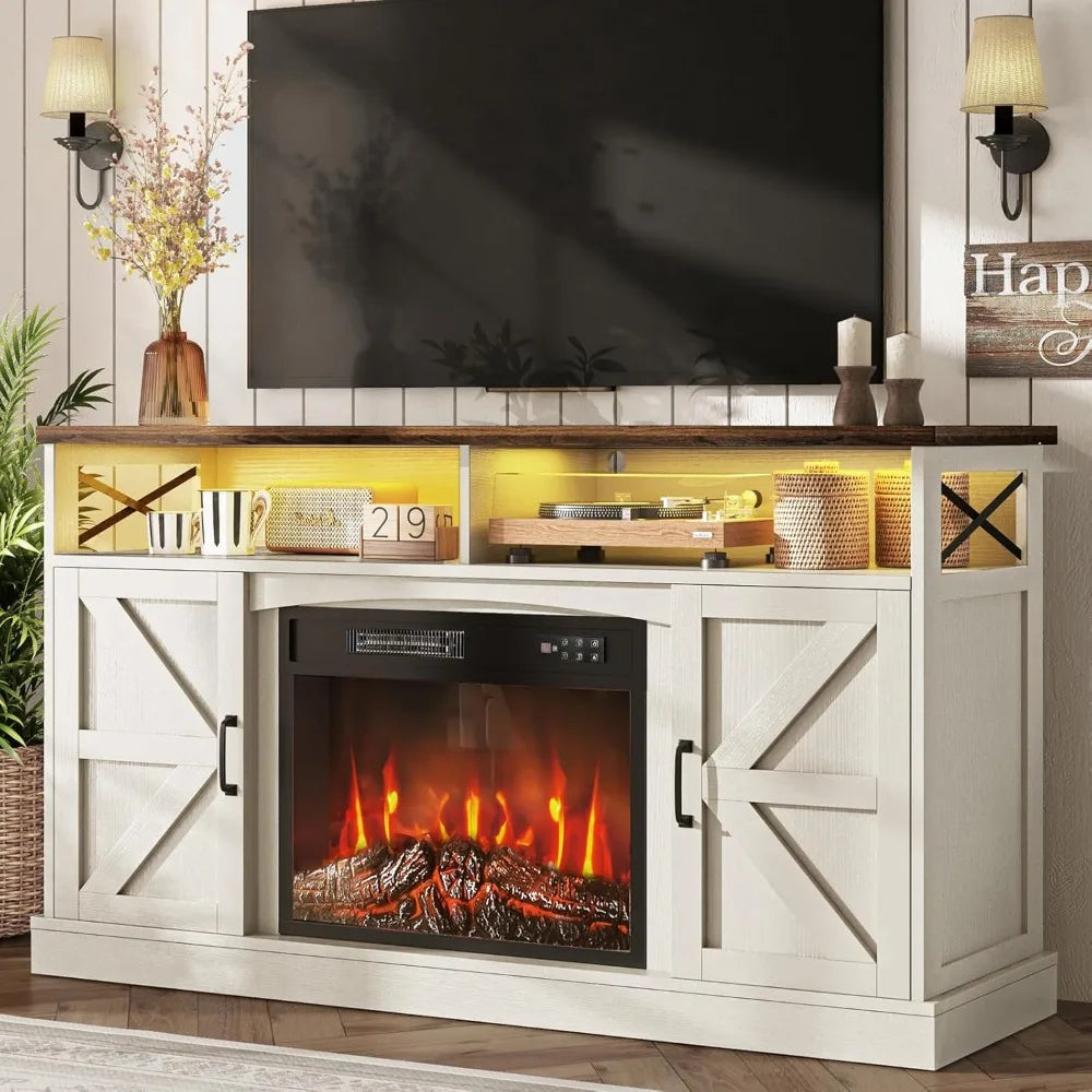 TV Stand with Fireplace, 59" Entertainment Center with LED Lights, for 65" TVs, with Opening Shelves and Storage Cabinet