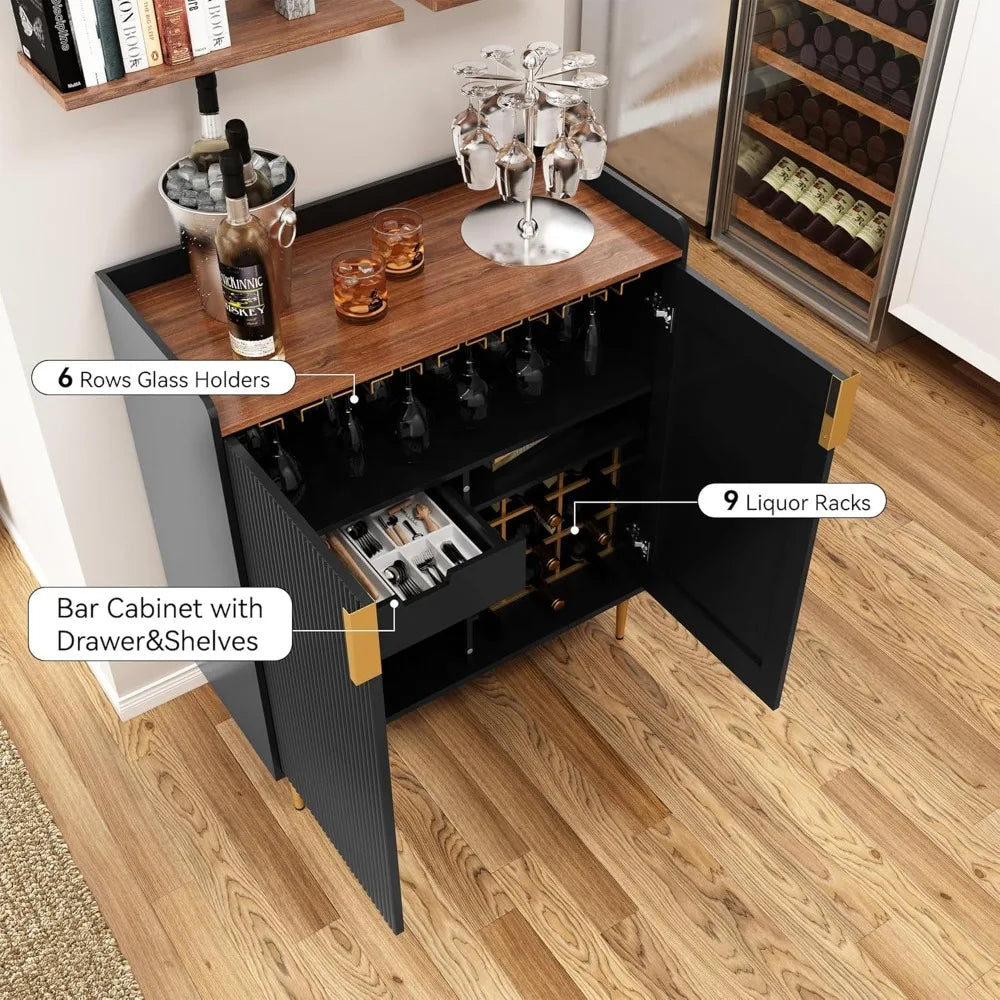 Sideboard Buffet Cabinet with Fluted Texture, Modern Coffee Bar Cabinet with Wine Rack &Drawers, Black Liquor Cabinet for Kitchen