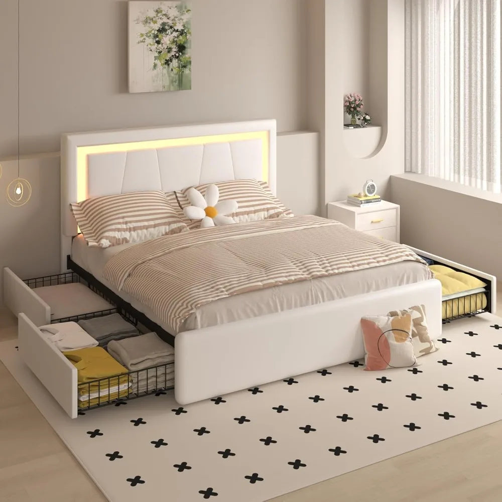 Full Bed Frame with 4 Storage Drawers and Adjustable Headboard, Upholstered Platform Bed with LED Lights and USB Ports