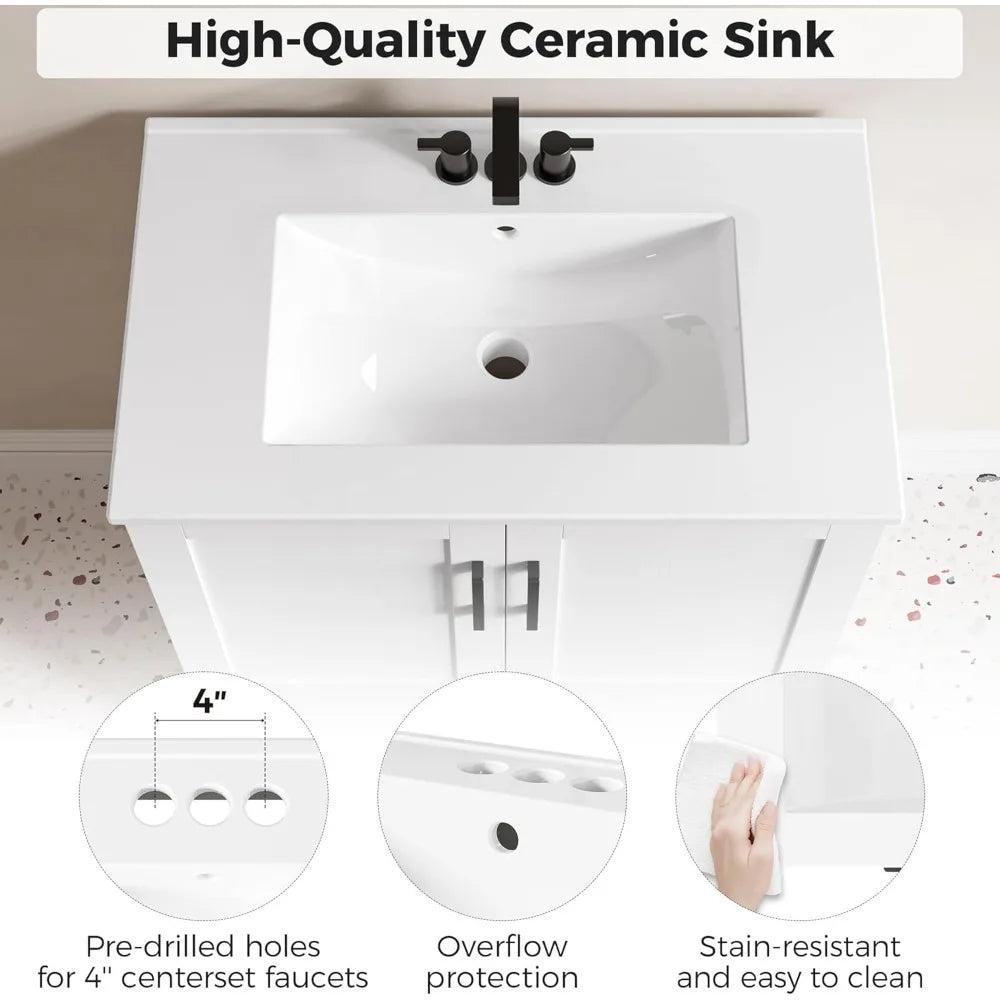 Modern Freestanding 30 Bathroom Vanity with Soft-Close Cabinet and Sink, Featuring Ample Storage and Sleek Design