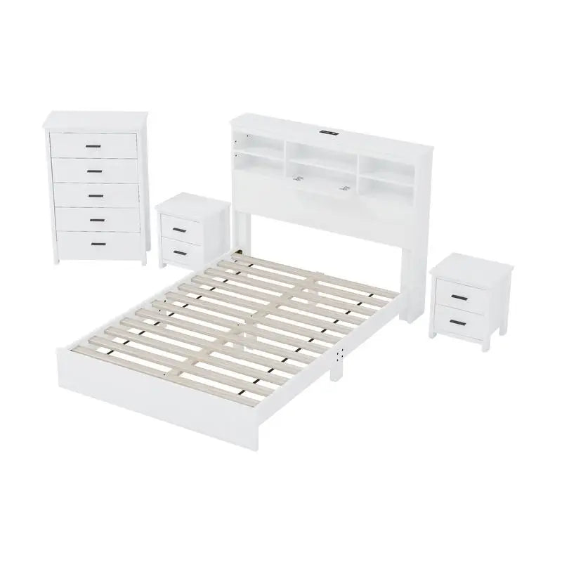Vintage Queen Bedroom Set, 4 Pieces - Wooden Bed Frame, 2 Nightstands & 1 Dresser in White Finish
