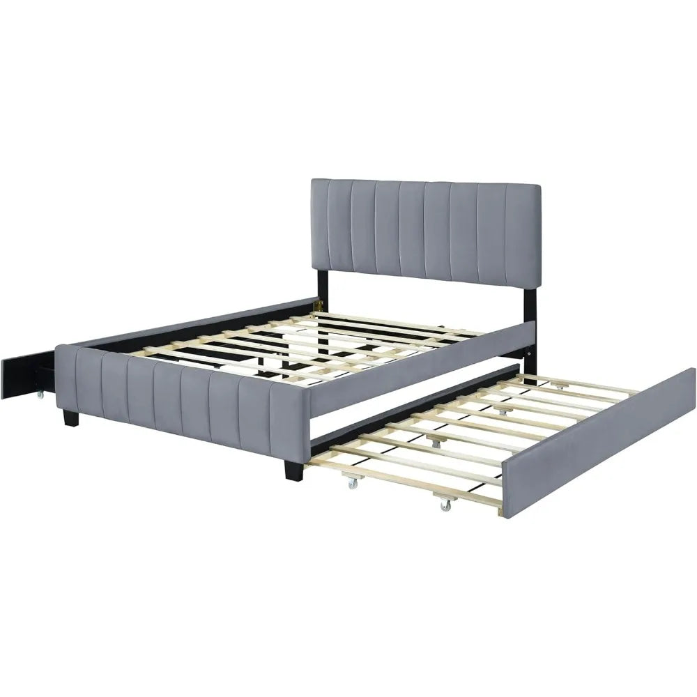Queen Upholstered Platform Bed with Storage Drawers and Twin XL Trundle, Wooden Bed Frame, No Box Spring Needed