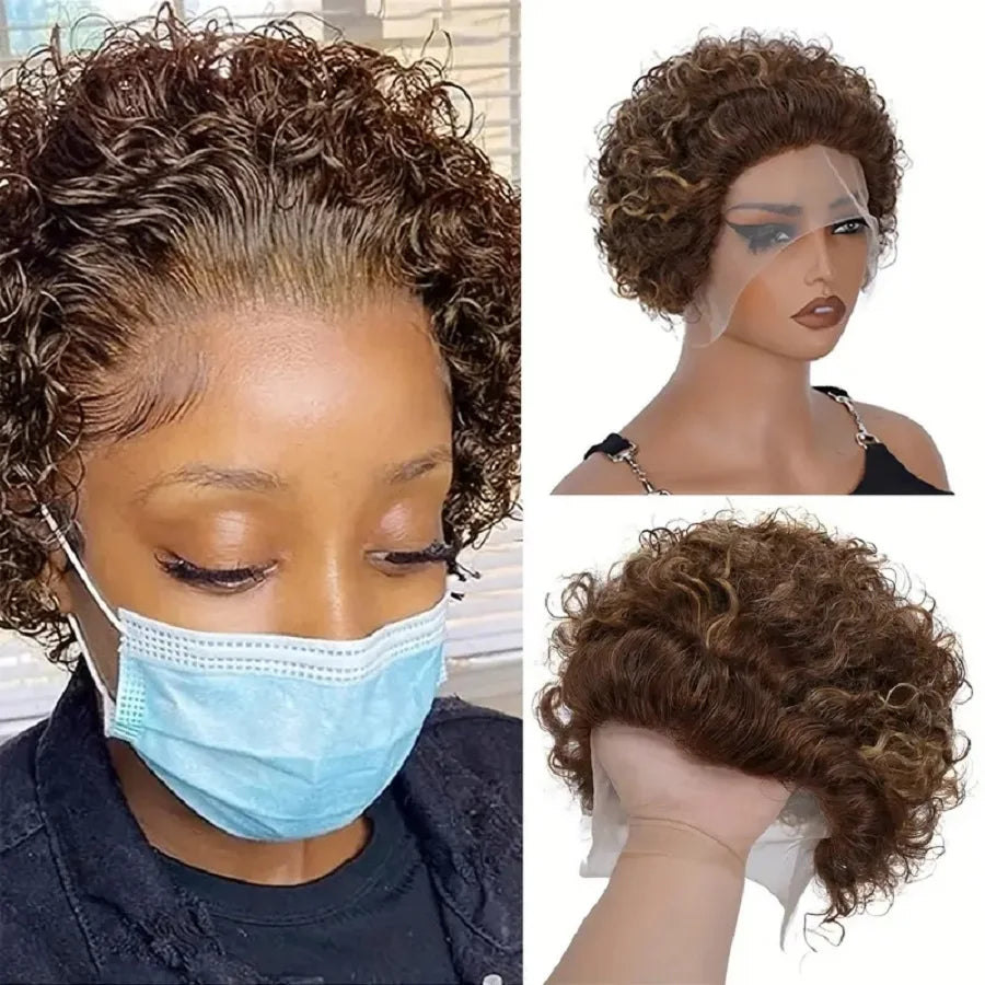 P4/27 Short Pixie Cut Curly Styled Bob Wig Hightlight Lace Front Wig Deep Wave Short P4/27 13x1 100% Human Hair Daily Wig 6inch
