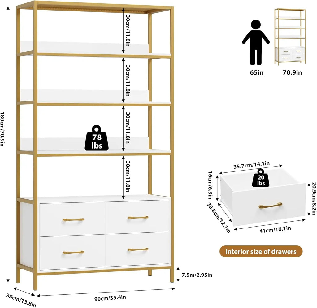 5-Tier Bookshelf with Drawers, 71" Tall Book Shelf with Storage, 35.4" Wide Industrial Etagere Bookcase, Modern Display Storage