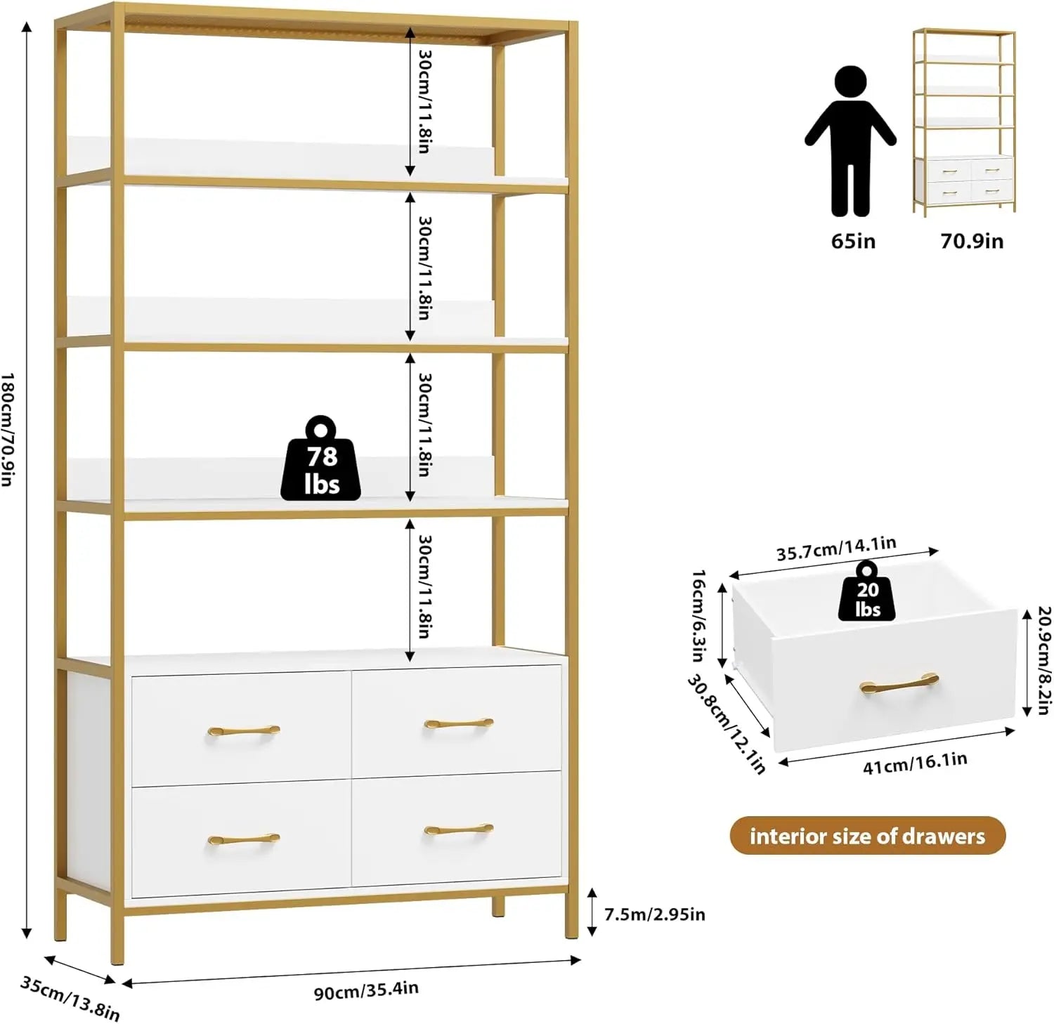 5-Tier Bookshelf with Drawers, 71" Tall Book Shelf with Storage, 35.4" Wide Industrial Etagere Bookcase, Modern Display Storage