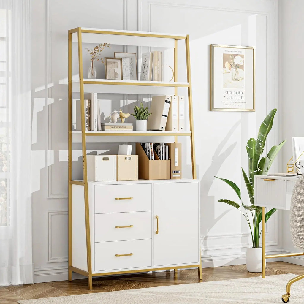 69" Tall Bookshelf, White Gold 4-Tier Bookcase with Wooden Drawers and Ladder Shelves, Free Standing Storage Cabinet Kitchen