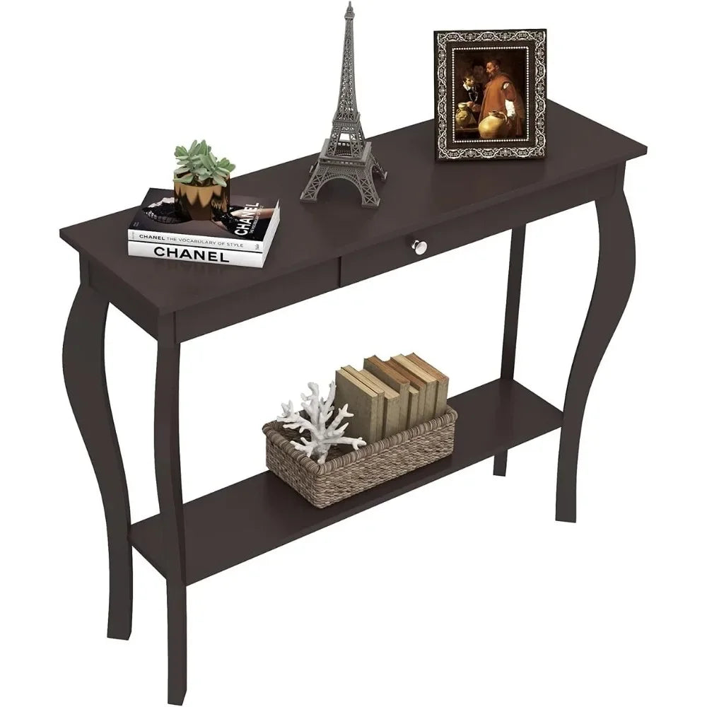 Narrow Console Table with Drawer and Shelves, Chic Accent Sofa Entryway Table, Living Room, Hallway, Espresso