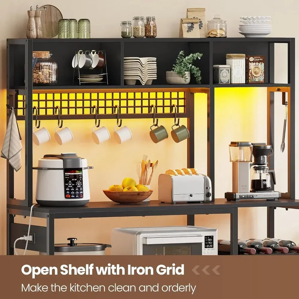 47.2 Inch Bakers Rack with Power Outlet, Microwave Stand with Storage, Farmhouse Coffee Bar Cabinet Station with Wine Rack