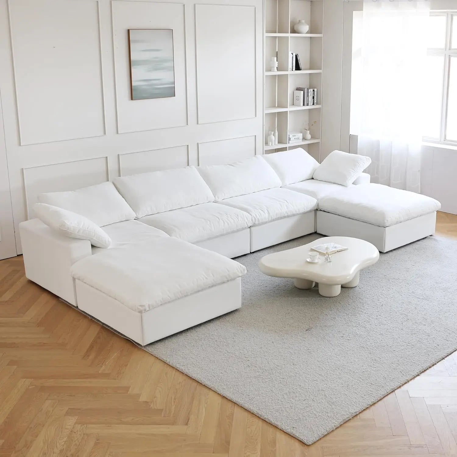 U-Shaped Cloud Couches for Living Room, 6-Seats Modular Convertible Sectional Sofas, Cushion Covers Removable, Comfy Sectional