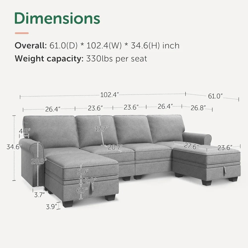 Storage-Enabled Convertible Sectional Sofa with 6 Seats and Reversible Chaise for U-Shaped Living Room Arrangement