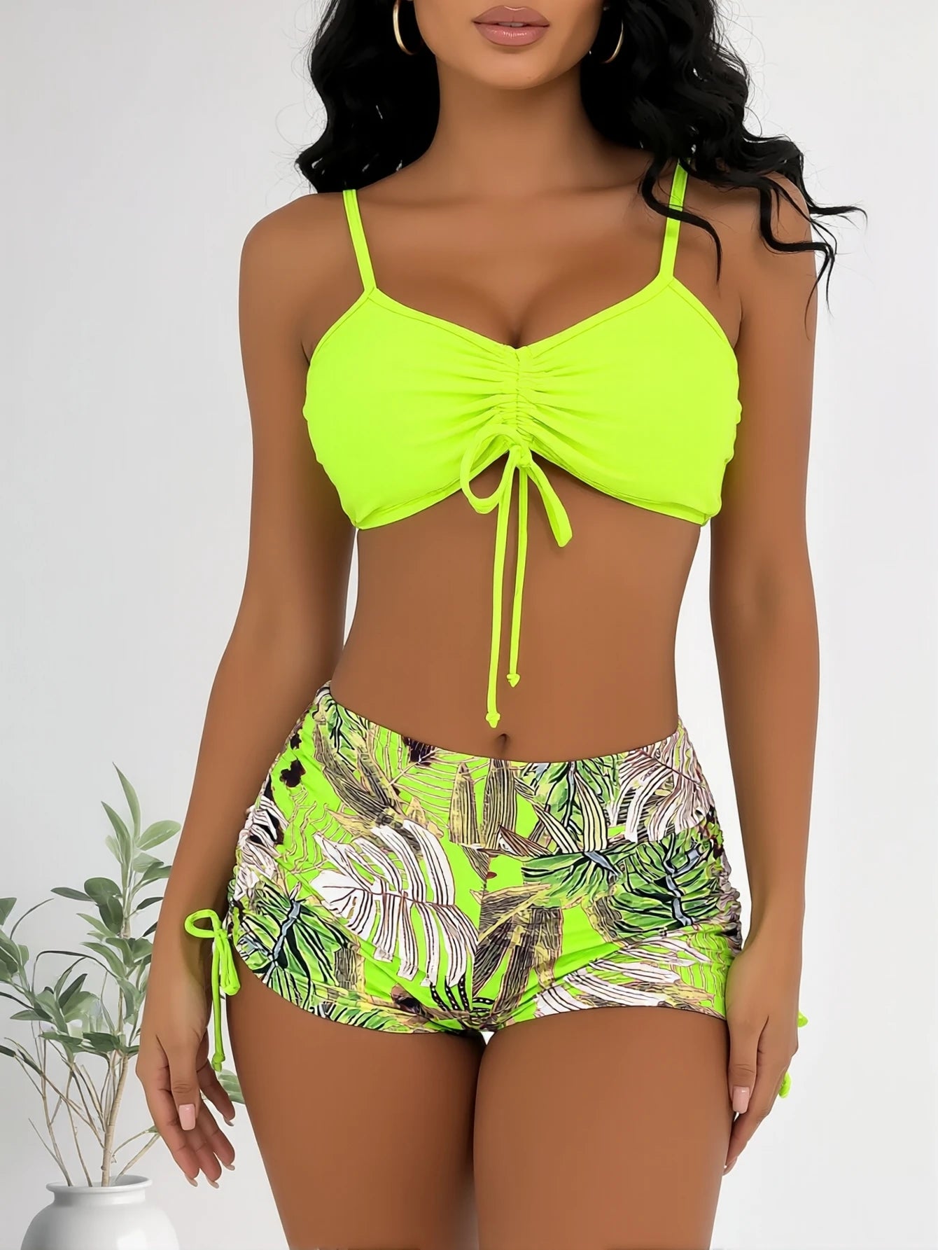 Women 2 Piece Neon Green Ruched Drawstring Bikini Top with Tropical Print High Waisted Swim Shorts Tummy Control Bathing Suit