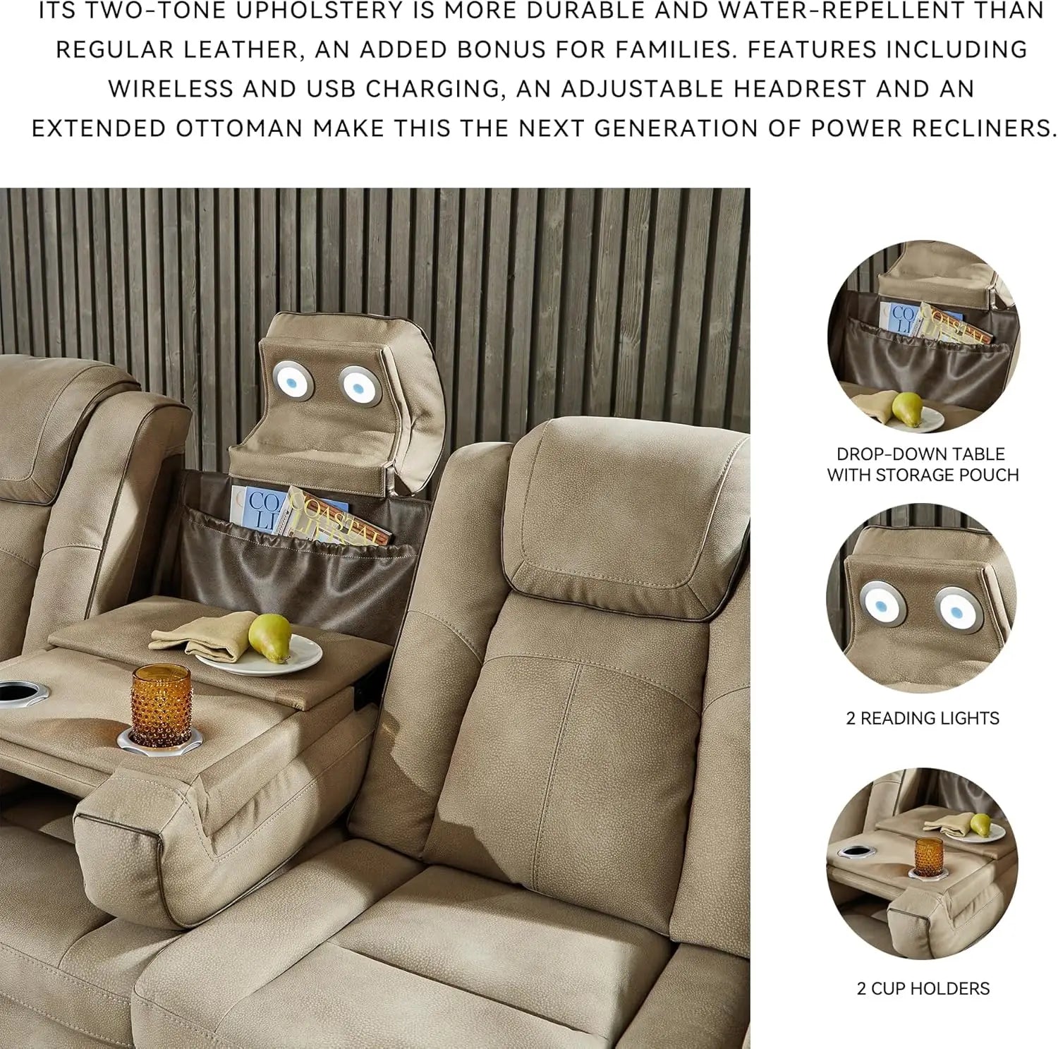 Next-Gen DuraPella Power Reclining Sofa – Wireless & USB Charging, Zero-Gravity, Water-Repellent Faux Leather, Tan/Brown