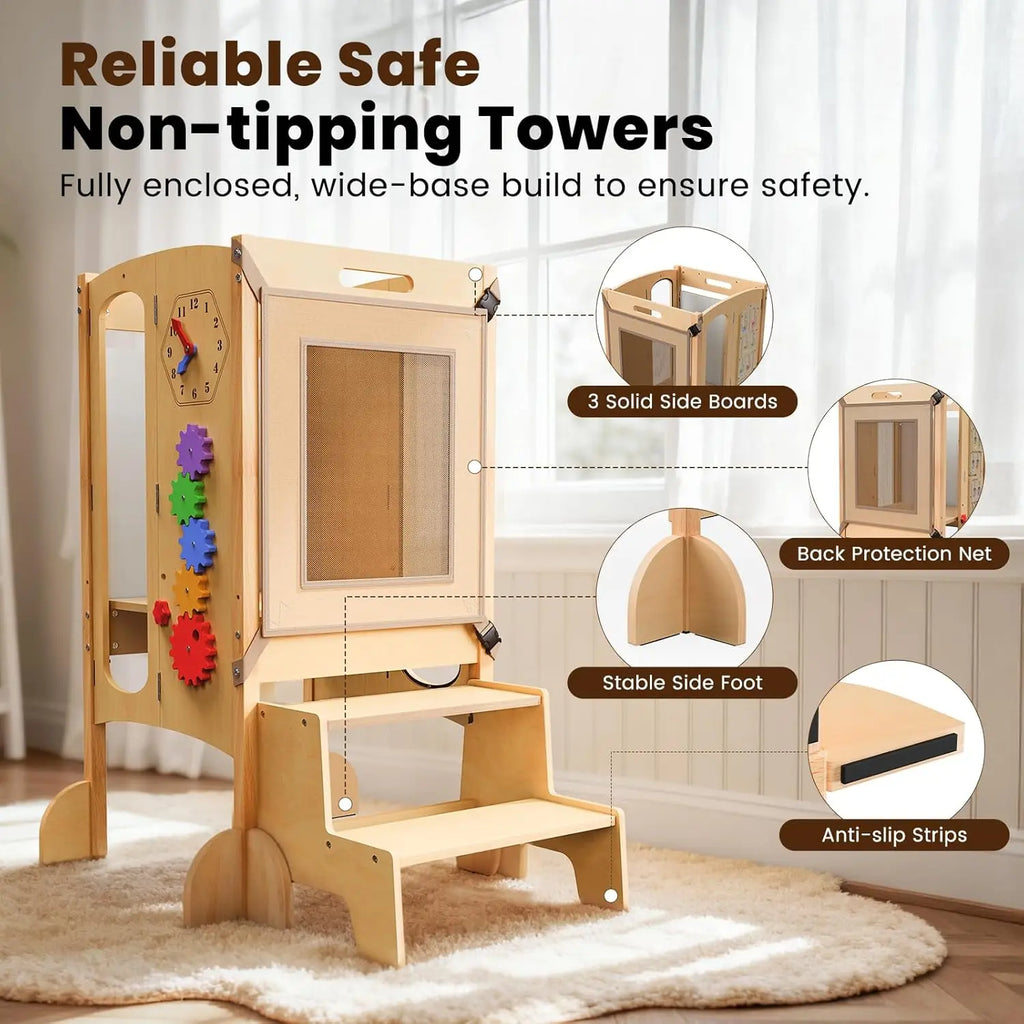Toddler Tower/Foldable Toddler Kitchen Stool Helper with 2 Step Stool, Safety Net, Adjustable Height, Chalk-Whiteboard