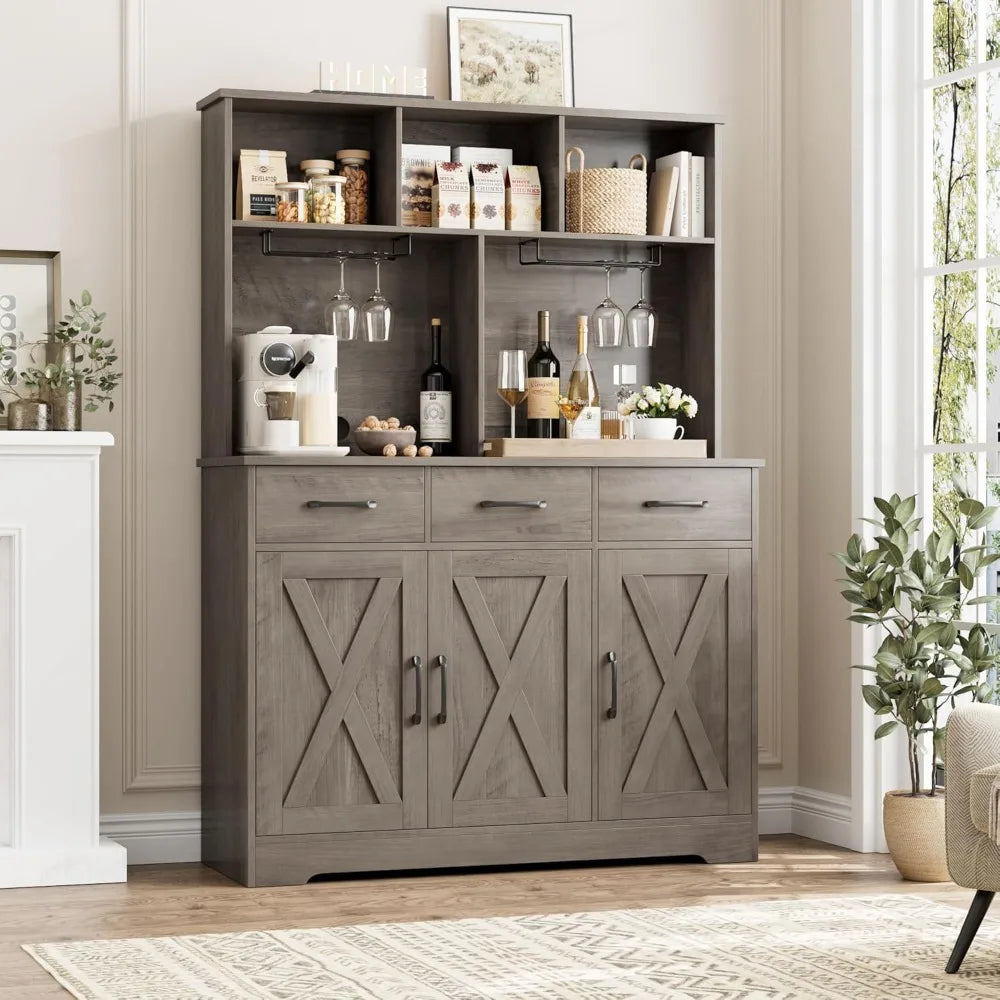 Buffet Cabinet with Hutch, Farmhouse Kitchen Buffet Sideboard Storage with 3 Drawers, Barn Door Coffee Bar Station/ Liquor