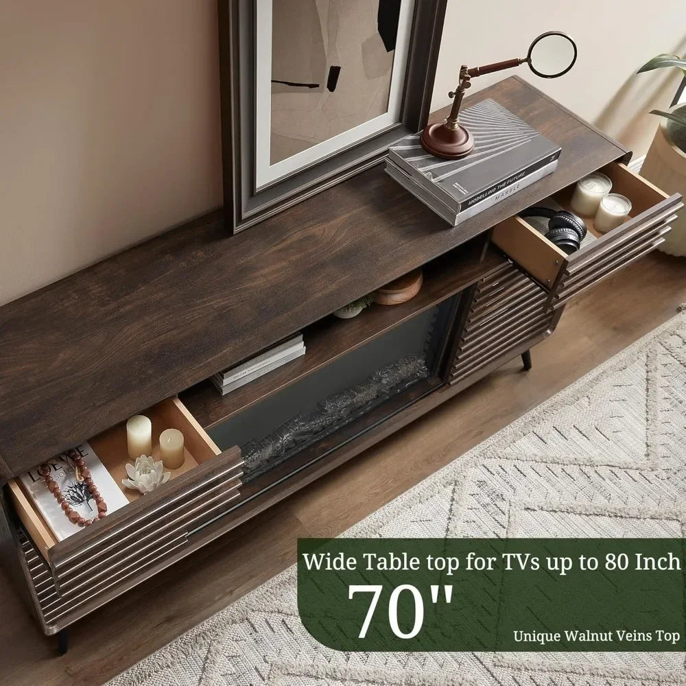 Fireplace TV Stand for 80" TV, Mid Century Modern Entertainment Center with 36" Electric Fireplace & Led Lights, Wood Media