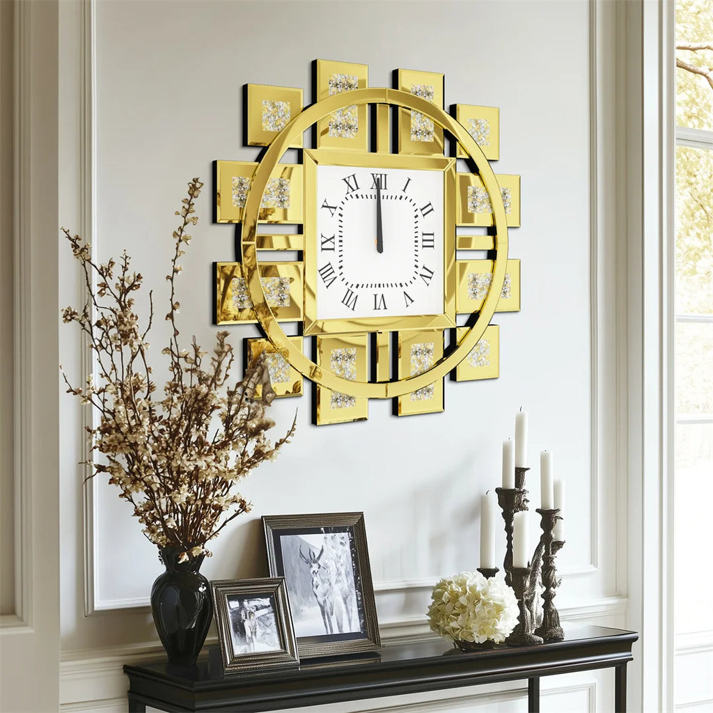 60CM Decorative Wall Clock with Silver/ Golden Crystal Crushed Diamond Inlay/ Battery Operated