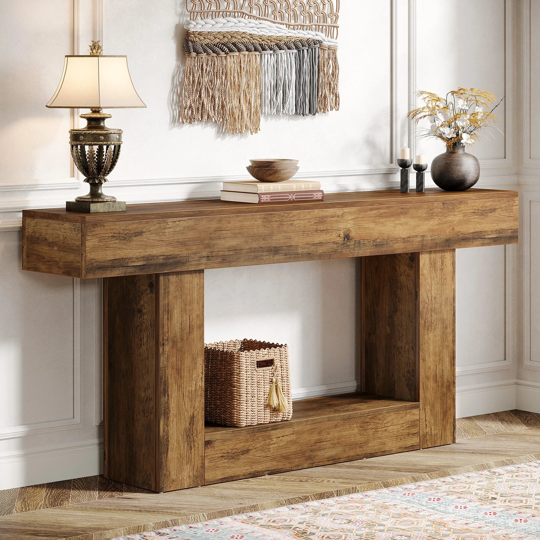 Tribesigns 63" Console Table, Farmhouse 2-Tier Entryway Table with U-Shaped Base, Narrow Long Wood Sofa Table Behind Couch Table