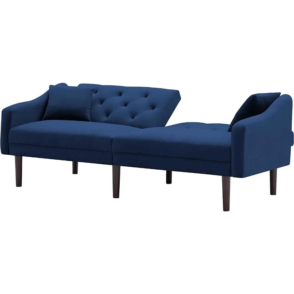Convertible Futon Sofa Bed & Upholstered Velvet  Folding Sleeper Couch with 2 Pillows & Adjustable Backrest, Living Room Sofa