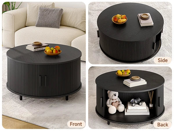 Round Coffee Table with Storage,31.5"/ Modern Coffee Table with 360° Curved Sliding Door, Fluted Wood Accent Coffee Table