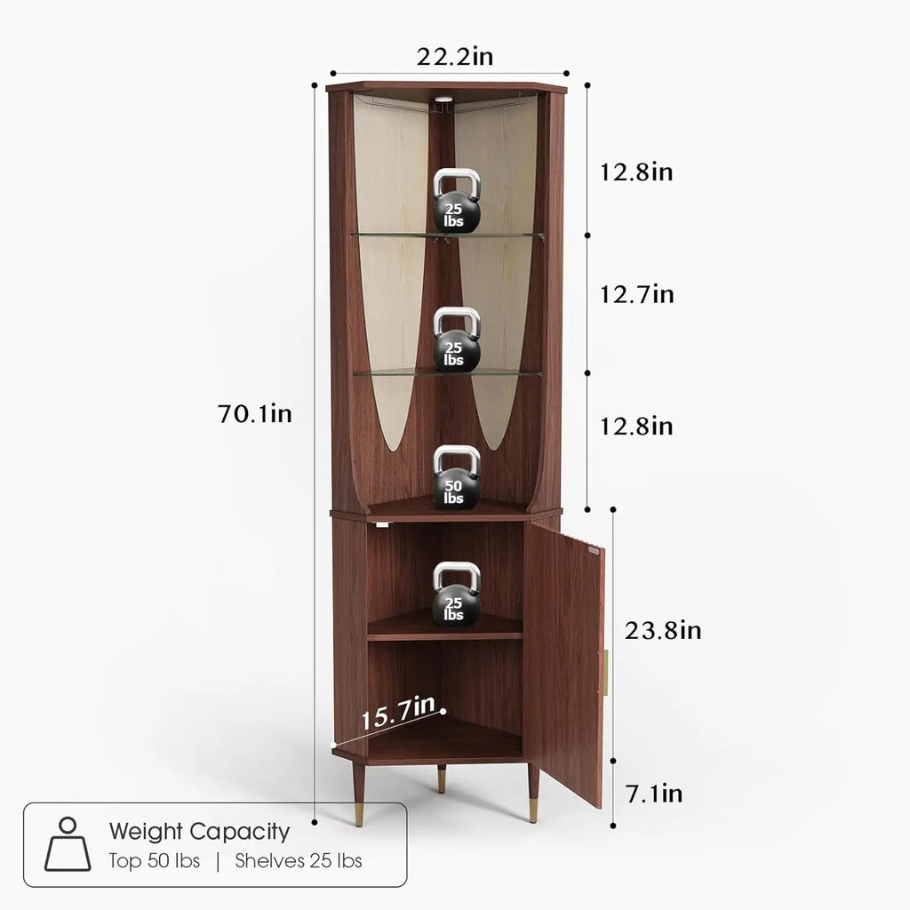 70" Tall Corner Cabinet, Mid Century Modern Cabinet with Doors, Fluted Corner Bar Cabinet with Glass Holder,Walnut