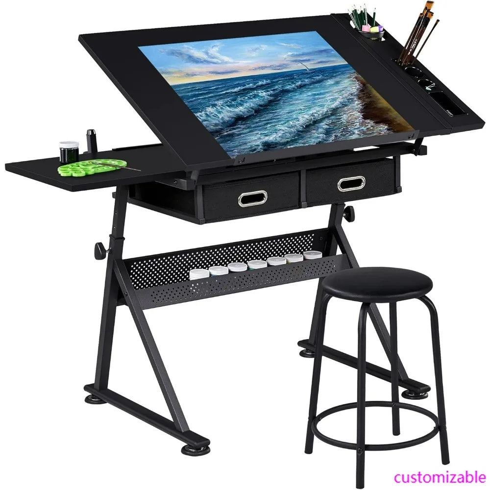 Height Adjustable Art and Craft Table with Tilting Tabletop, Stool, and Storage for Drafting and Workstation Use