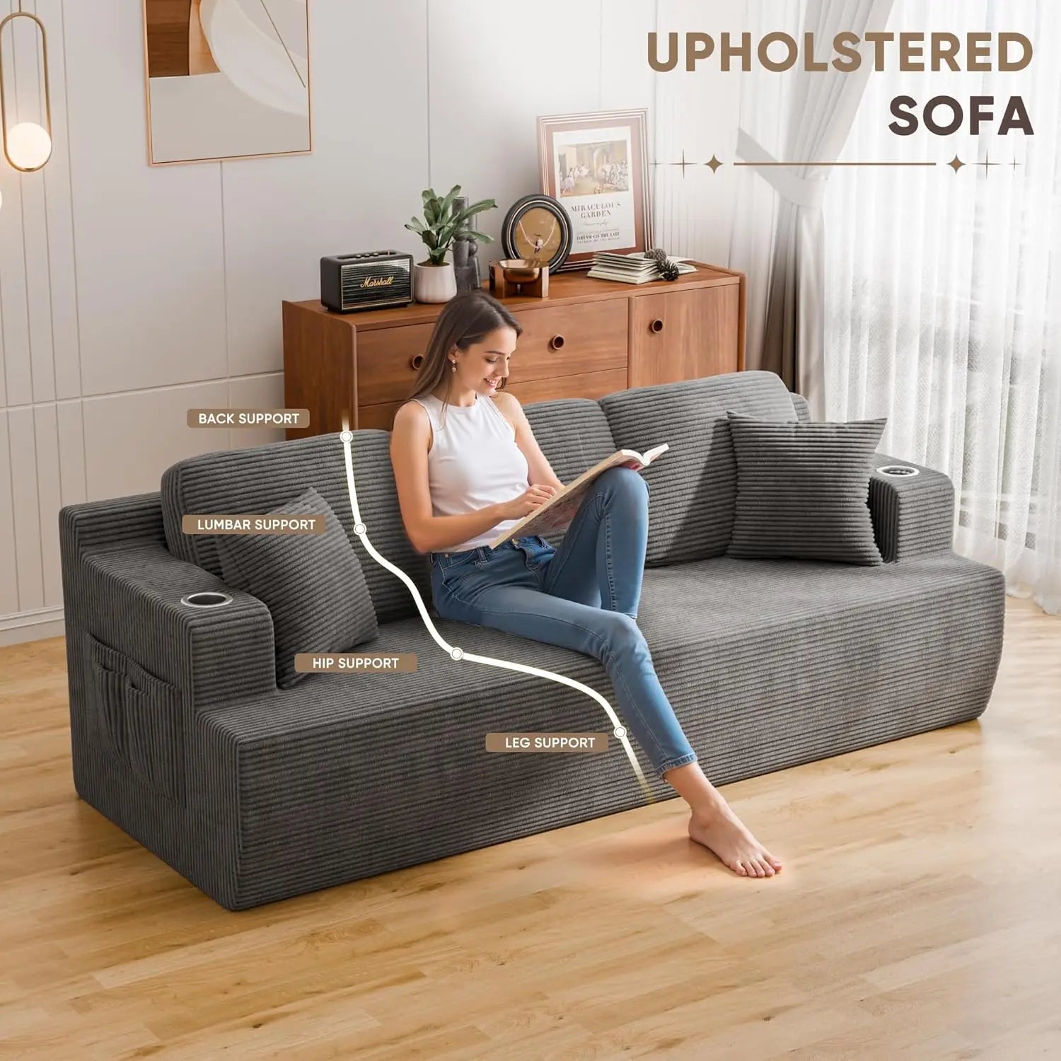 87” Boneless Sofa Couch with 2 Pillows Extra Deep Seats, Corduroy Fabric 3 Seater Sofa for Living Room with Cup Holder
