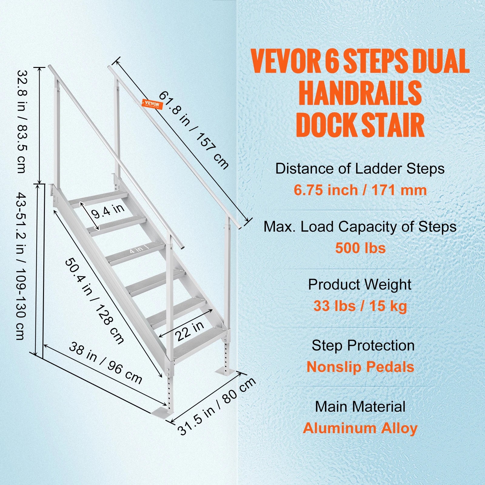4/6 Step Dual Handrails Dock Ladder Aluminum with Rubber Mat 30"-39"/ Adjustable Height for Lake, Marine Boarding ,Pool