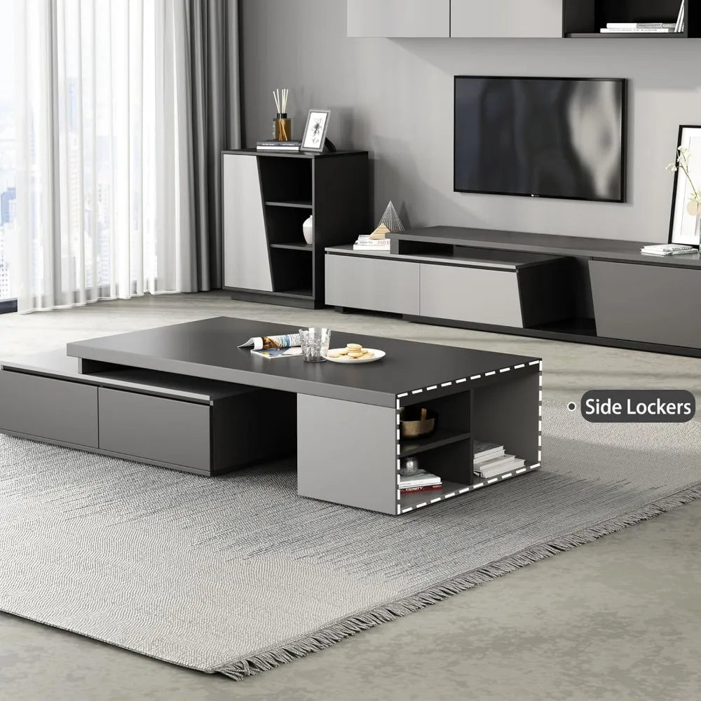 Extendable Modern Coffee Table with Large Storage Drawers, Black & Grey