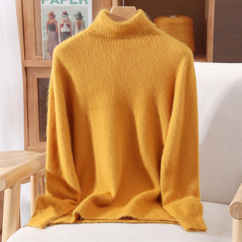 Autumn And Winter 100% Mink Cashmere Sweater, Ladies' High Lapel Solid Color Padded Pullover Wool Knitted Bottoming Shirt