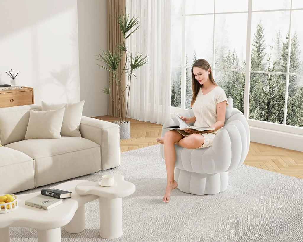 Mid Century Modern 360 Degree Barrel Swivel Accent Sofa Chair,Fluffy Velvet Fabric Lounge Wide Upholstered Pumpkin Reading Chair