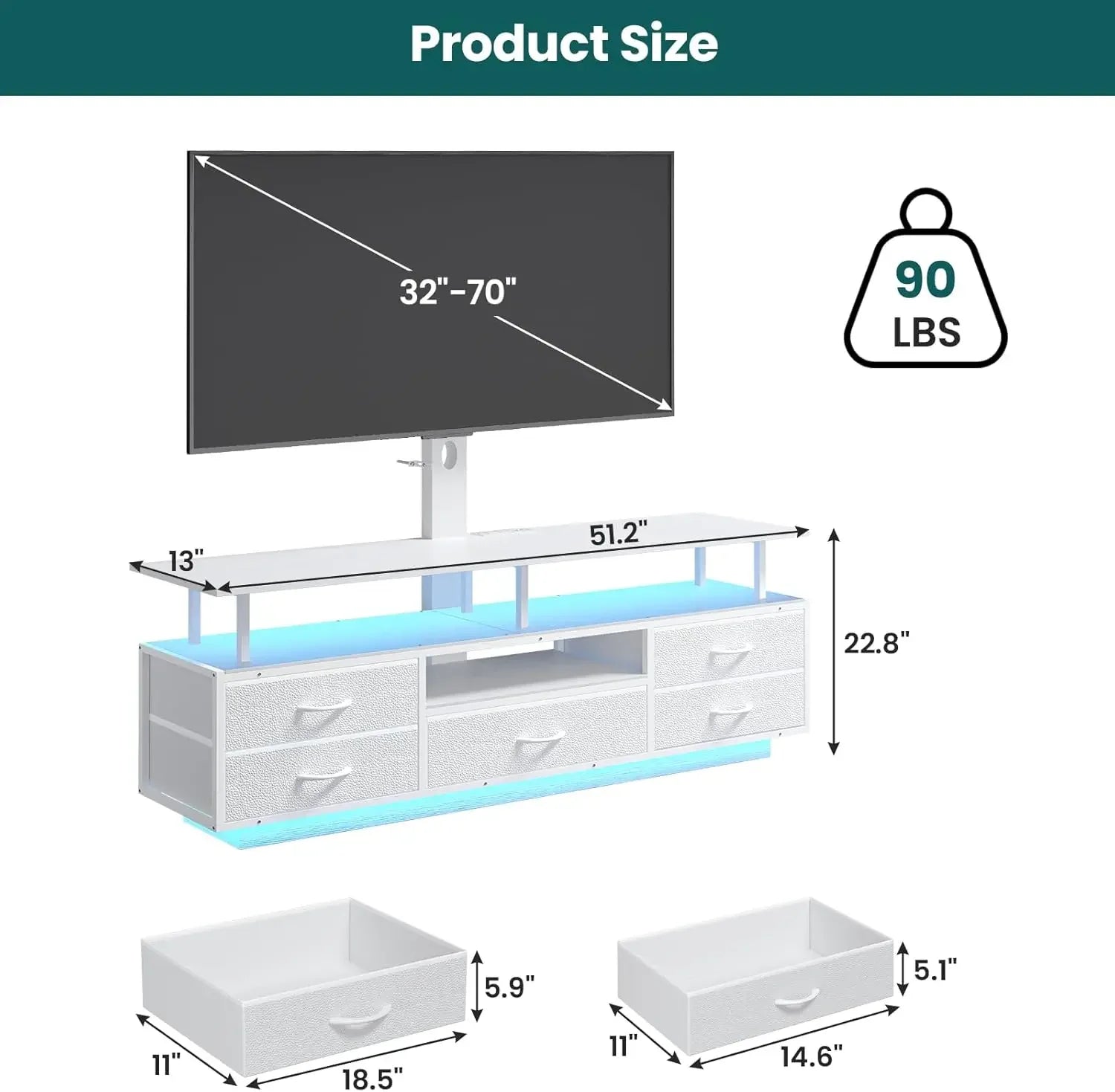 TV Stand with Mount for 45/55/65/70 inch TVs, 51.2" LED TV Stand with Power Outlets & Storage, Entertainment Center with Storage