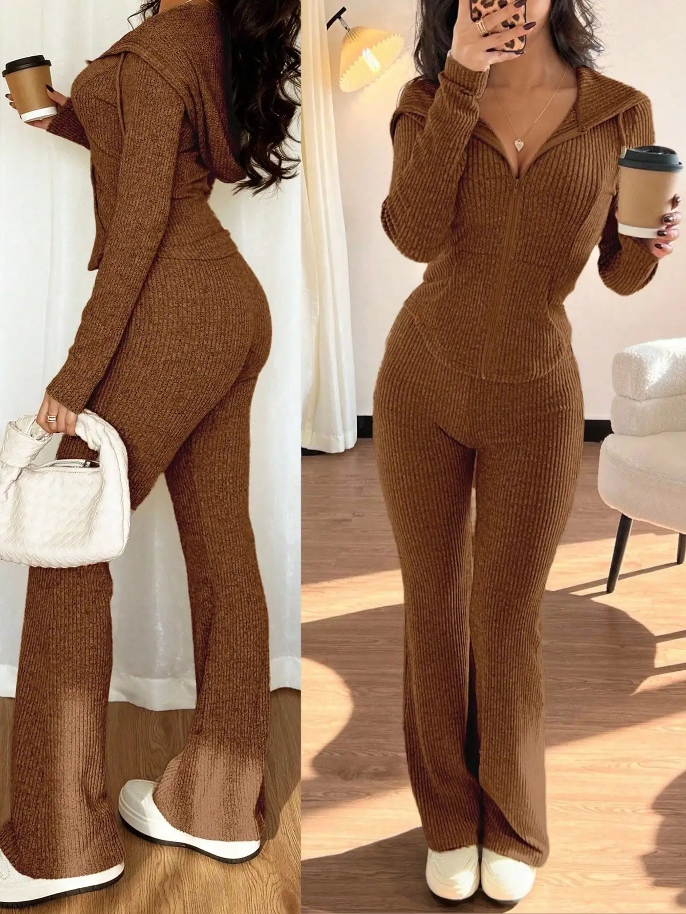 Women's Ribbed Knit Hooded Zip-Up Sweatshirt & Flare Pants/ 2-Piece Set for Autumn/ Winter/ Casual Wear