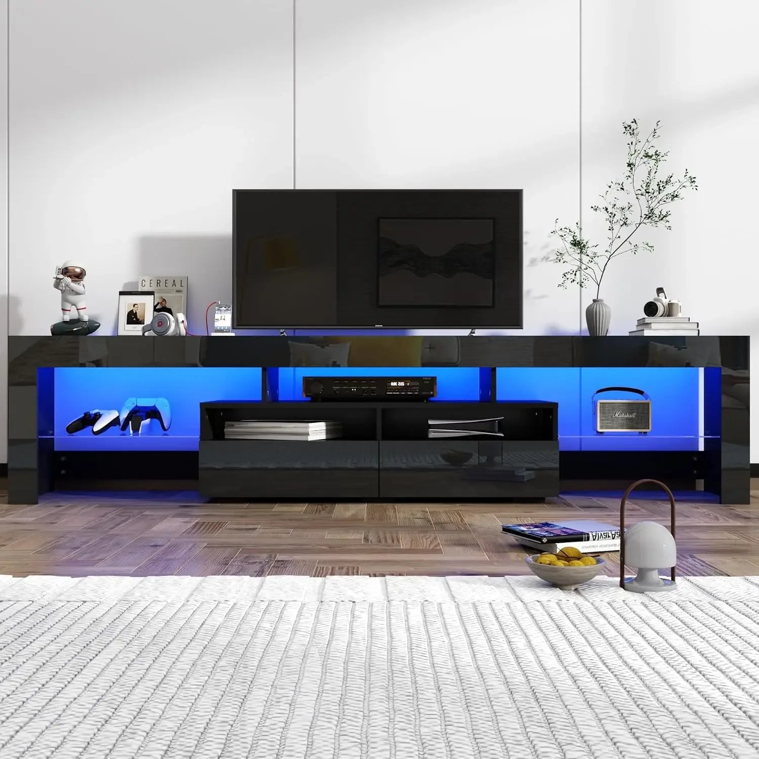 LED TV Stand for 75/85/90 inch TV, High Glossy Modern Entertainment Center with Drawer and LED Lights
