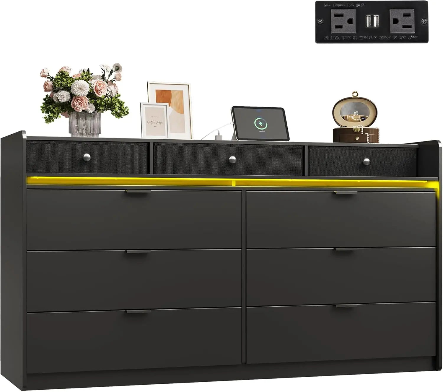 9 Drawer Led Dresser for Living/ Bedroom, Black Wood with Power Outlets for 65'' TV,
