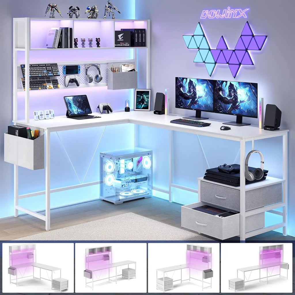 67” L-Shaped Gaming Desk with Pegboard & Drawers, Reversible Computer Desk with RGB Lights & Power Outlets