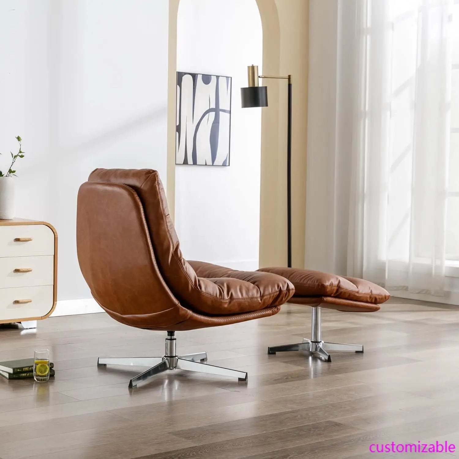 Swivel Accent Chair with Ottoman, Mid Century Modern Faux Leather Lounge Chair With Footrest, Comfy Oversized Armchair