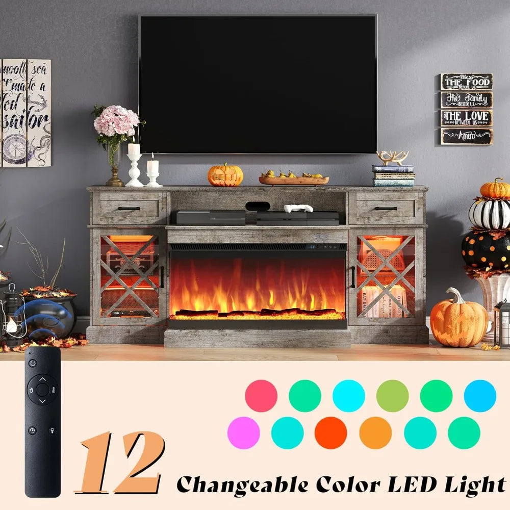Farmhouse LED Fireplace TV Stand with 3-Sided Glass Fireplace, 70" Large Entertainment Center for TVs up to 80", Rustic TV Console