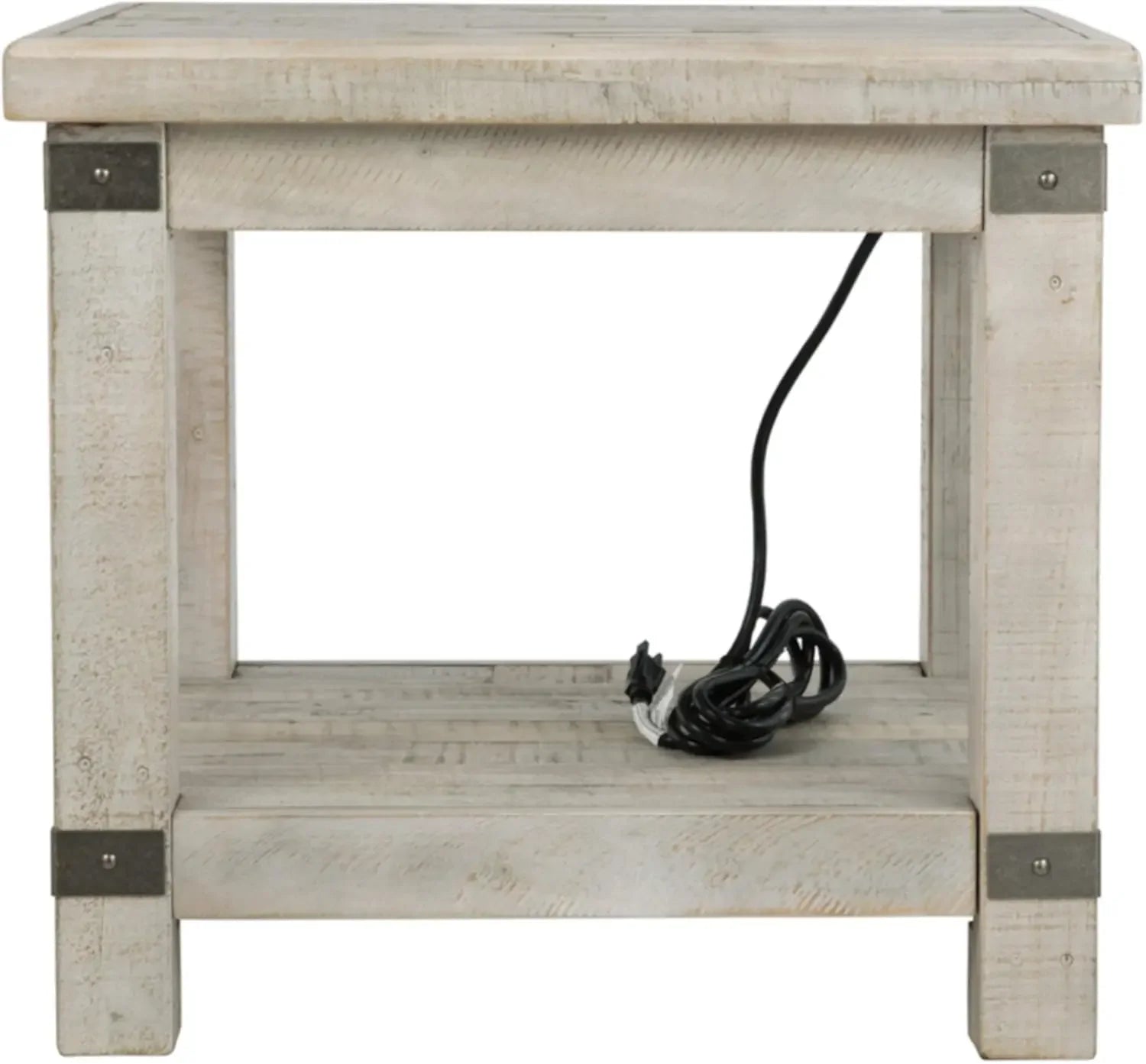 Rectangular End Table with Lower Shelf, 2 Electrical Outlets and 2 USB Ports, Whitewash
