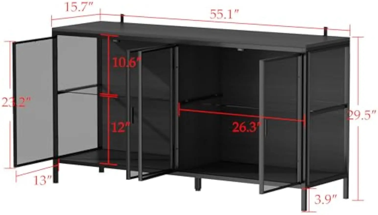 Storage Cabinet with 3-Color LED Lights, Sideboard Buffet with Solid Metal Legs, Modern Display Cabinet, Black