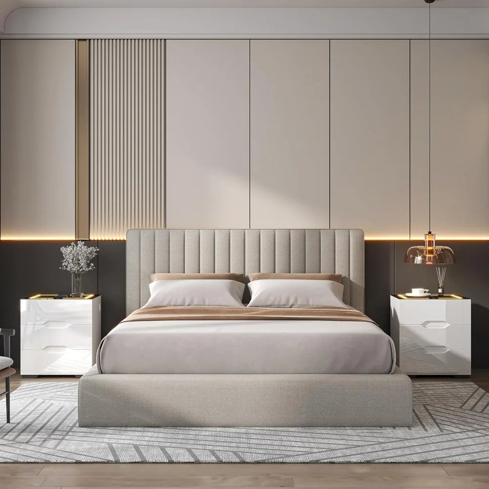 White Smart Nightstand with Wireless Charging Station & Adjustable LED Lights, High Gloss End Table with 3 Drawers & USB Charging