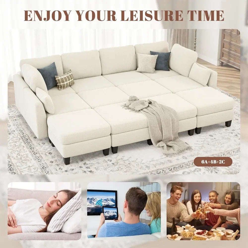 6-Seater Beige Sectional Sleeper/Sofa with Comfortable Modular Couches and Convertible Sofas Featuring Ottoman Storage