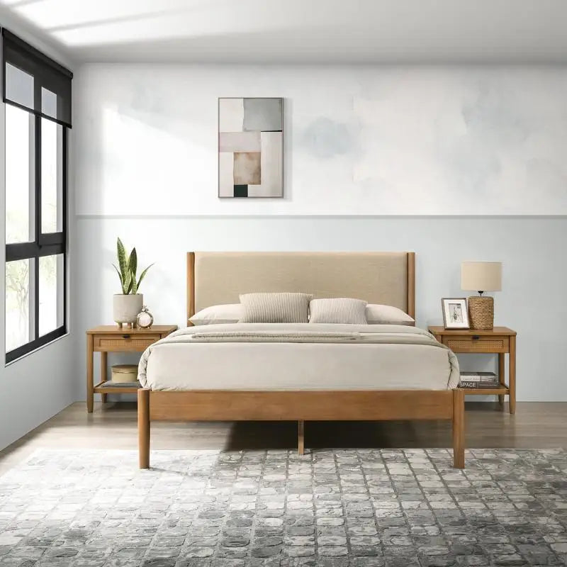 6-Piece Rubberwood Bedroom Set with Textured Polyester Queen Bed, Dresser, Mirror, Nightstand & Chest