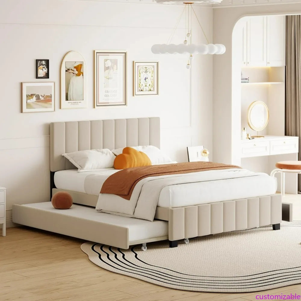 Beige Queen Upholstered Platform Bed with Storage Drawers and Twin XL Trundle, No Box Spring Required
