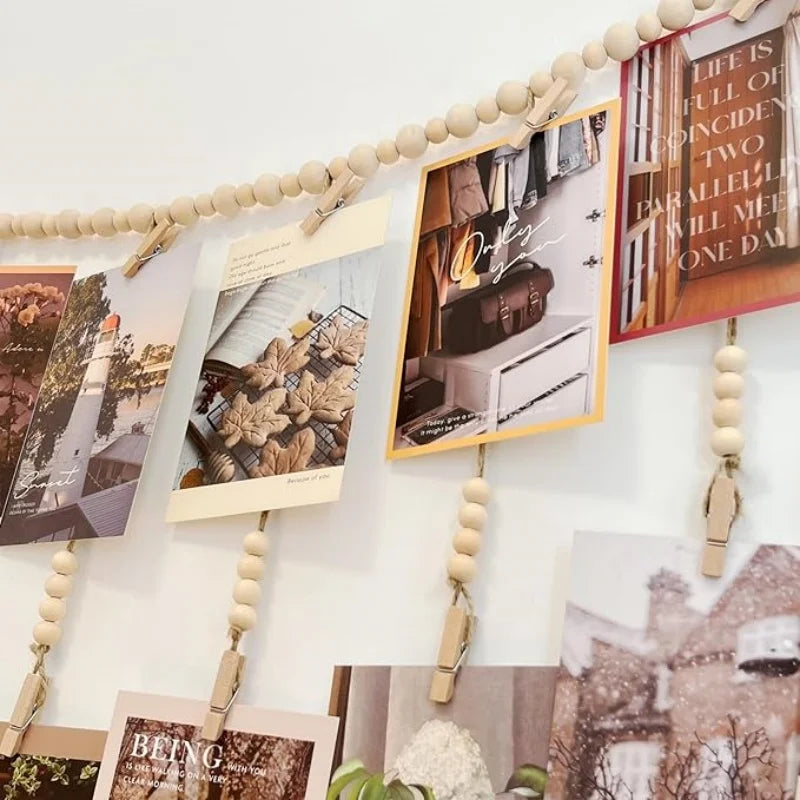 Hanging Photo Display Wooden Bead Garland Boho Wall Hanging for Bedroom Living Room Dorm Party Decor Teen Girl Gifts