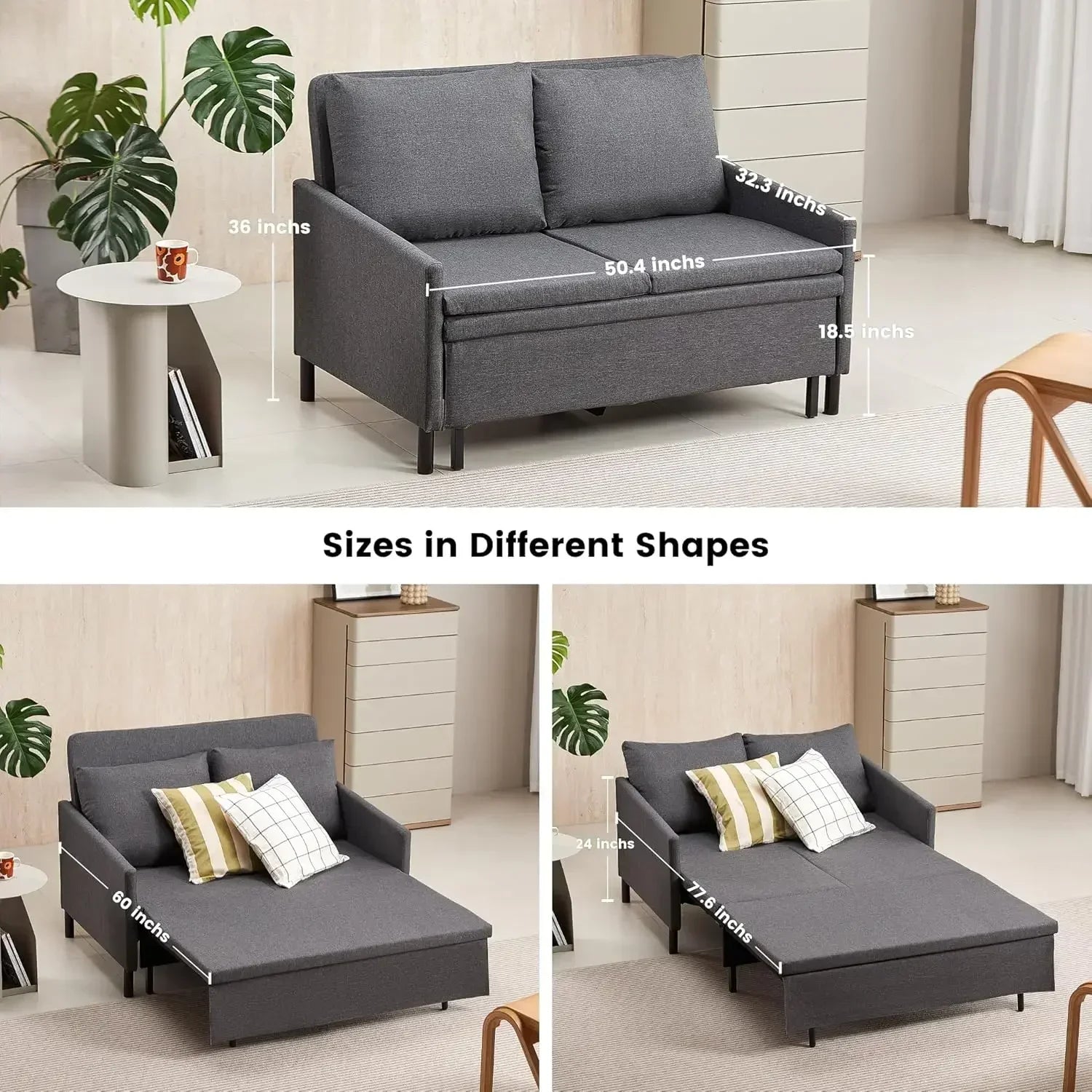 3-in-1 Convertible Sleeper Loveseat Sofa Couch with Pullout Bed and Storage for Living Room, Bedroom, Balcony, RV, Dark Gray
